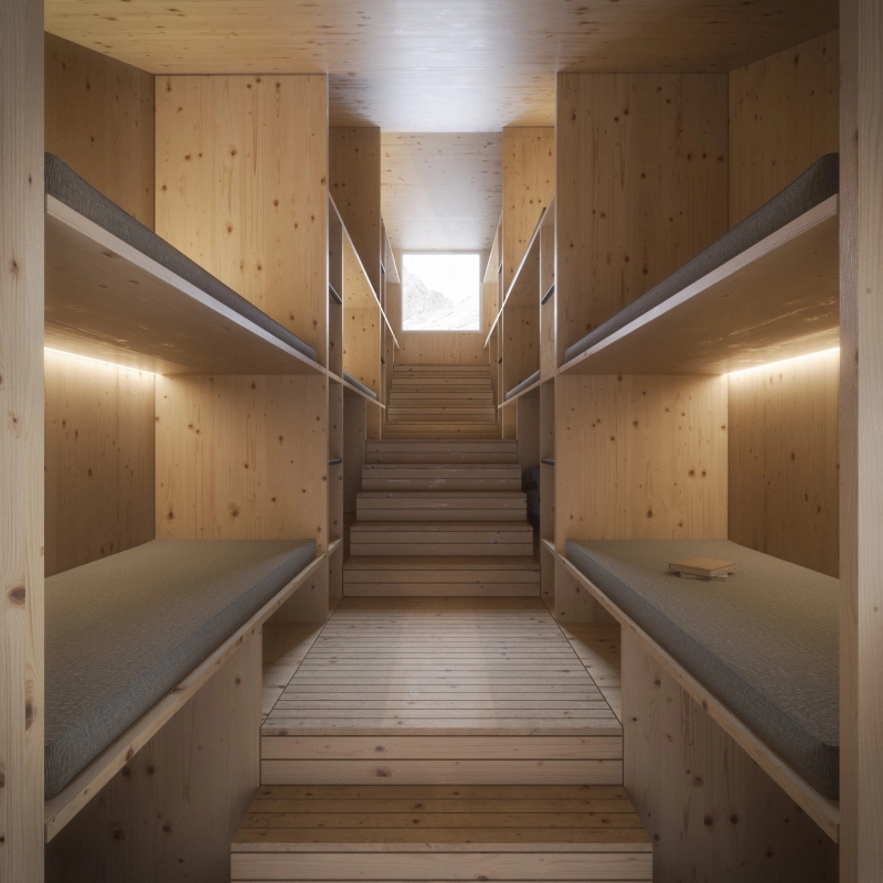 Materassi in quota, bivacco. Bivacco Fanton, una moderna struttura architettonica situata sulle Dolomiti. Forcella Marmarole, a quota 2.667 metri.